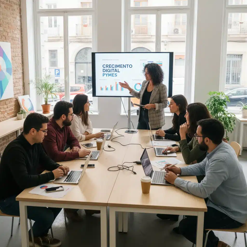 Emprendedores españoles colaborando y aprendiendo sobre herramientas digitales para sus negocios.