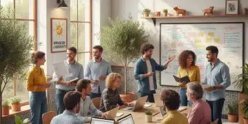 Emprendedores colaborando en un espacio de coworking moderno en España, simbolizando el inicio de un negocio y la búsqueda de financiación.