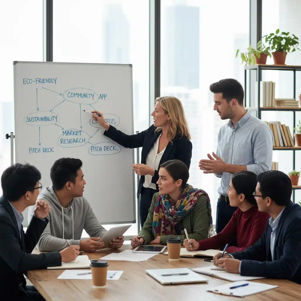 Grupo de jóvenes emprendedores colaborando en un taller de formación con un mentor.