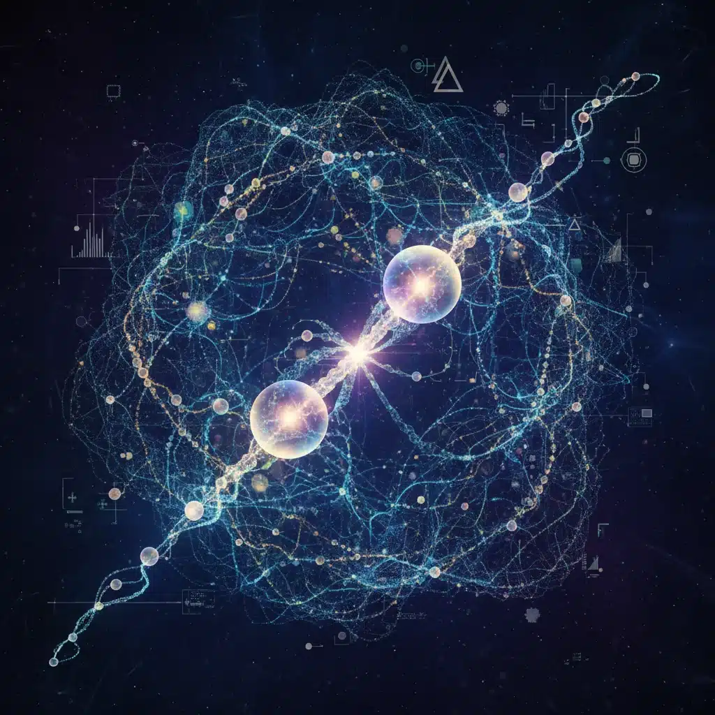 Visualización abstracta de entrelazamiento cuántico, representando principios y aplicaciones de la mecánica cuántica.