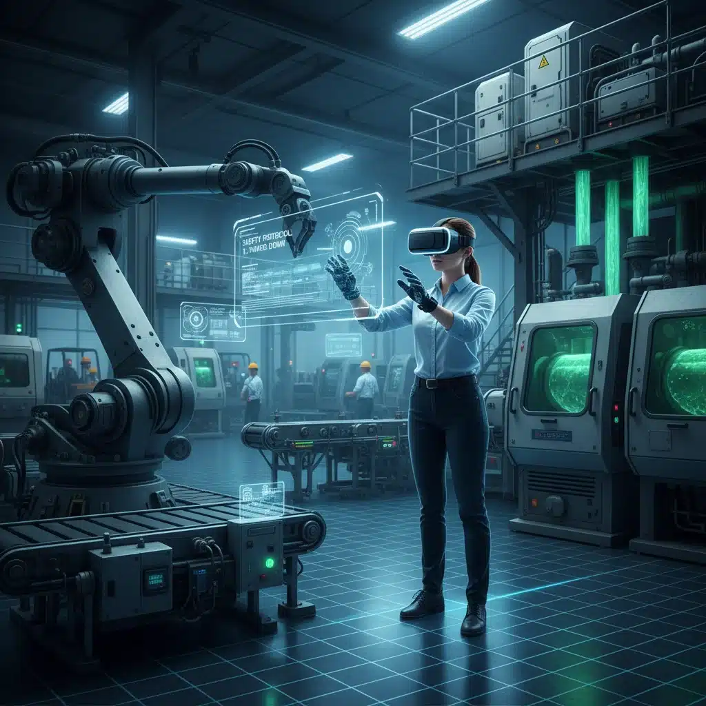 Entorno de realidad virtual inmersivo para el entrenamiento de maquinaria industrial, mostrando a un operario aprendiendo de forma segura.