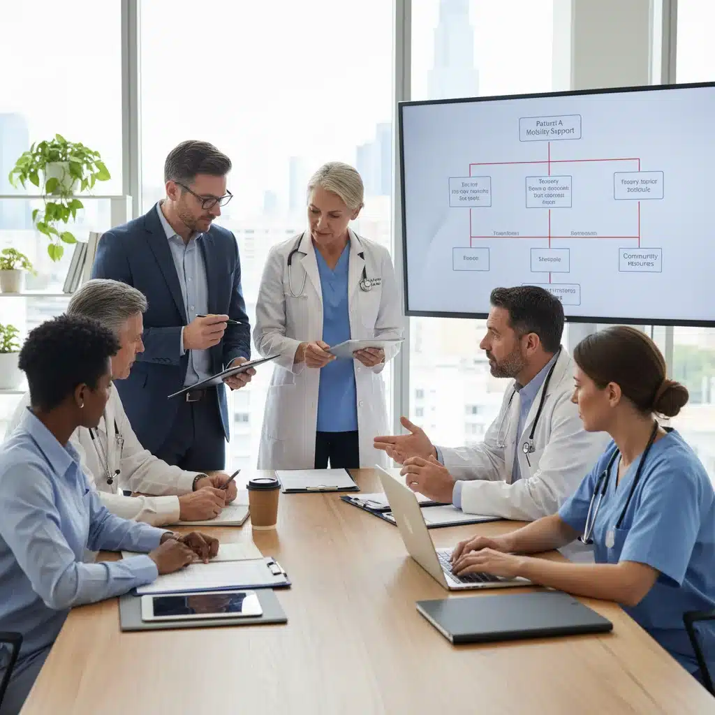 Equipo multidisciplinar evaluando planes de cuidado para personas dependientes