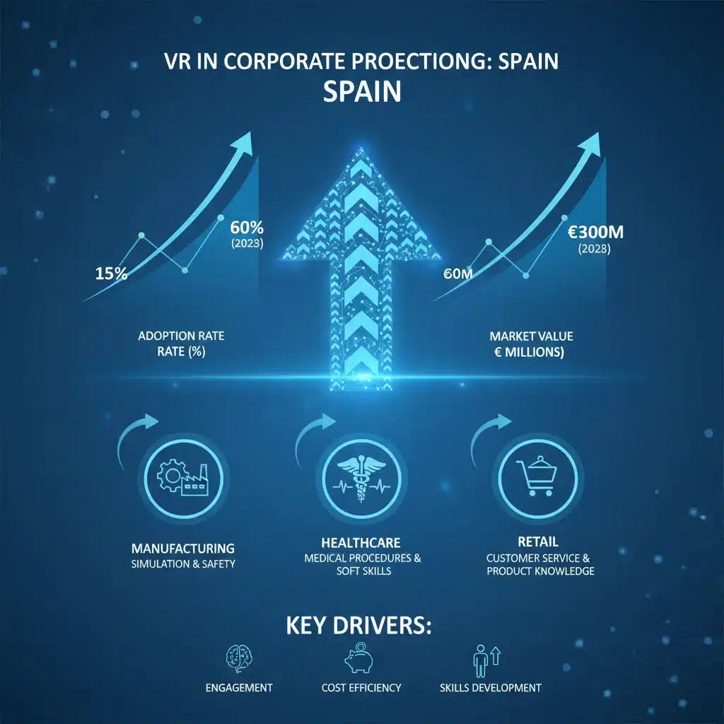Infografía detallada sobre el crecimiento y las proyecciones de adopción de la realidad virtual en la formación corporativa en España.