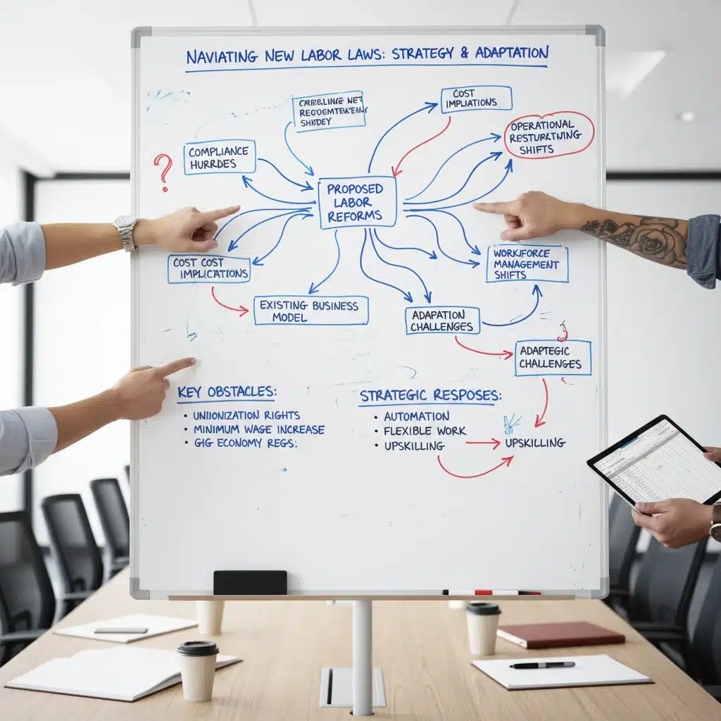 Empresarios y directivos analizando estratégicamente el impacto de la jornada laboral reducida en la planificación empresarial.