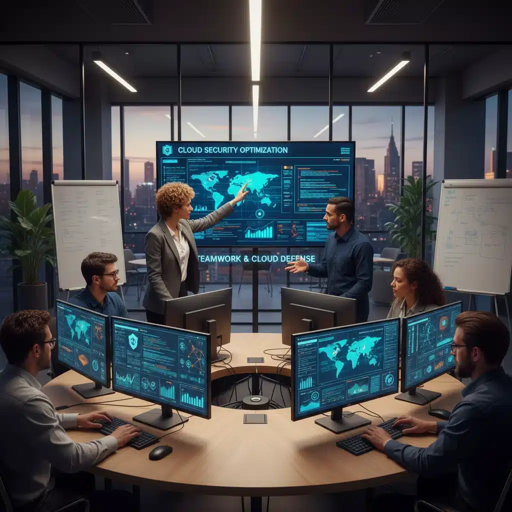 Equipo de profesionales de ciberseguridad colaborando en la protección de sistemas en la nube.