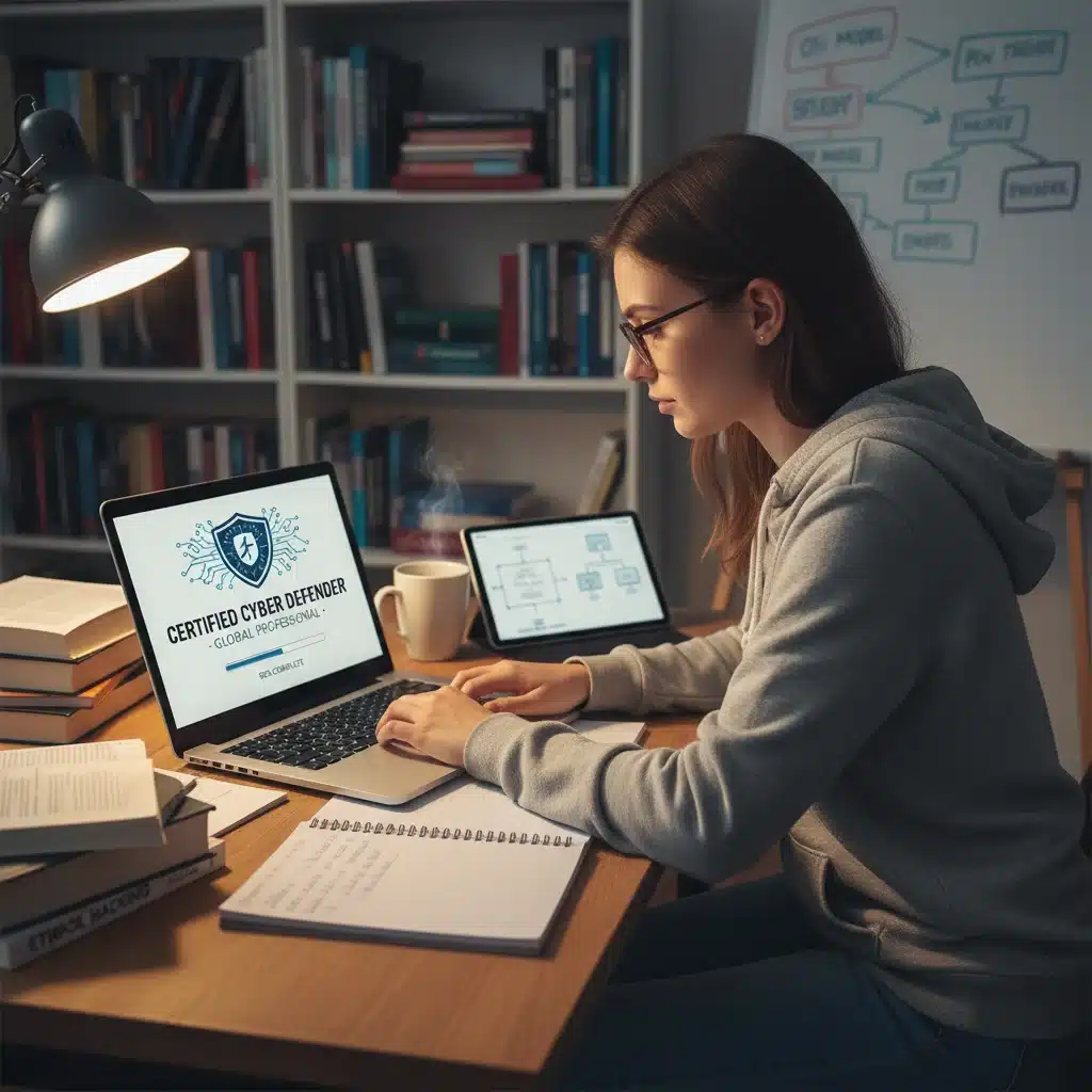 Persona estudiando para una certificación de ciberseguridad en línea con un portátil.