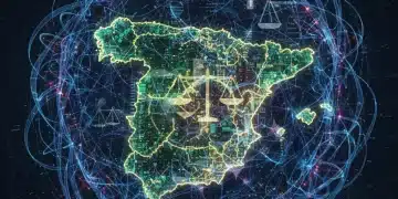 Mapa de España con redes neuronales luminosas, simbolizando la integración y regulación ética de la IA.
