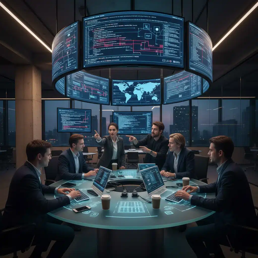 Equipo de expertos en ciberseguridad analizando datos y código en una oficina moderna.