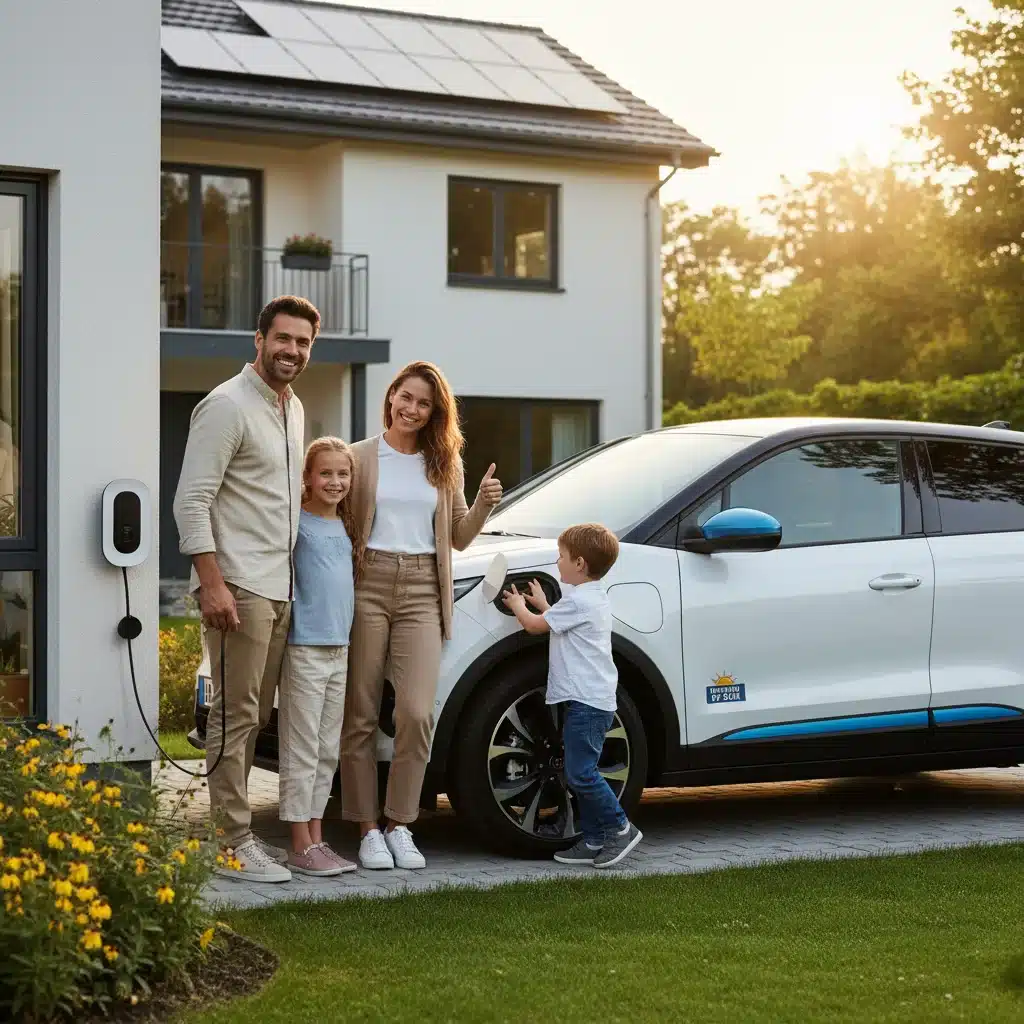 Familia contenta con su nuevo coche eléctrico en casa
