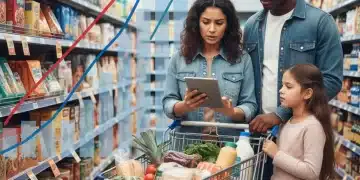 Familia preocupada por la inflación en el supermercado en 2026
