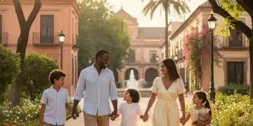 Familia numerosa feliz paseando por un parque en España, disfrutando de los beneficios y ayudas.