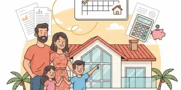 Familia española feliz frente a su nueva vivienda con calendario 2026, representando ayudas fiscales.