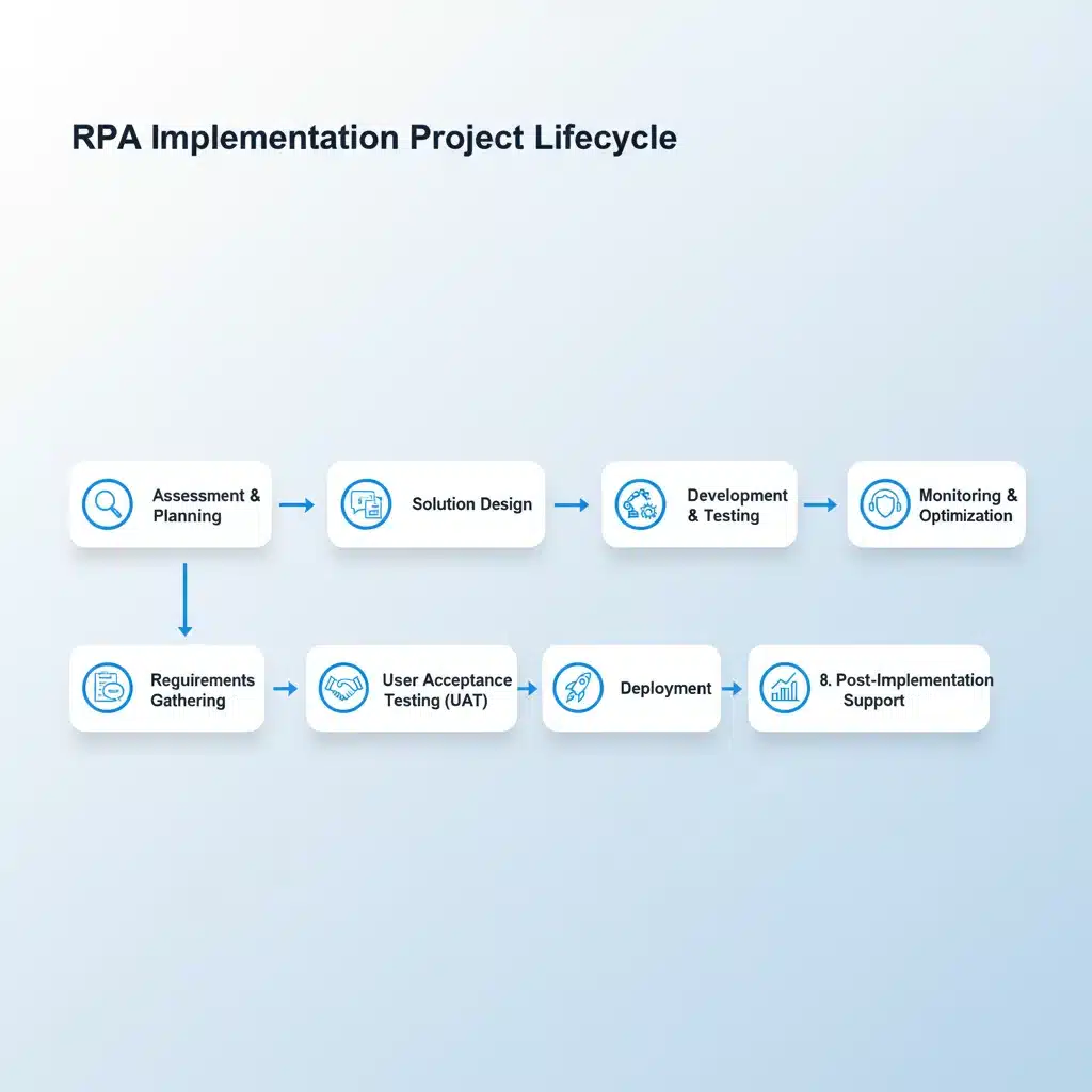 Diagrama de flujo que muestra las fases clave de un proyecto de implementación de RPA, desde la evaluación hasta el monitoreo.