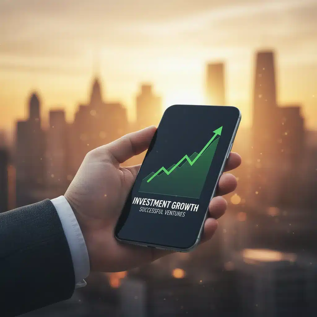 Mano sosteniendo un smartphone con gráficos financieros ascendentes sobre un fondo de ciudad.