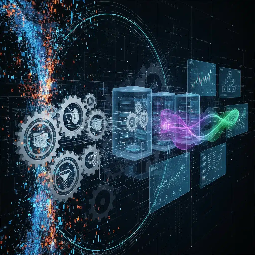 Ilustración de un flujo de datos desde la recolección hasta la generación de insights predictivos.