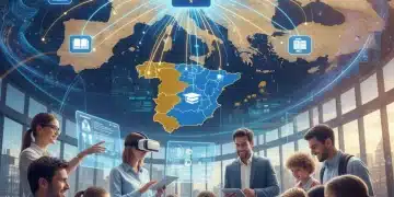 Mapa de España conectado a la Unión Europea con elementos digitales que simbolizan fondos para formación digital.