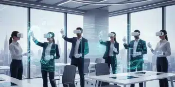 Profesionales españoles utilizando gafas de realidad virtual en un entorno de formación empresarial digitalizado e innovador.