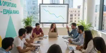 Medidas Clave Gobierno España Paro Juvenil 2026 Jóvenes participando en formación colaborativa, representando la reducción del paro juvenil en España.