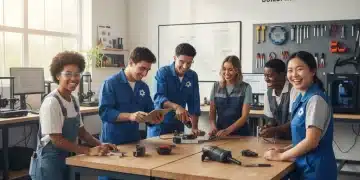 Formación Profesional Dual 2026: 20.000 Oportunidades Laborales para Jóvenes en España Jóvenes diversos colaborando en un taller moderno, simbolizando la Formación Profesional Dual y el empleo.