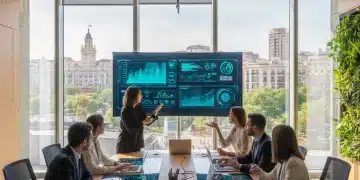 Profesionales colaborando en un entorno digital avanzado en España, simbolizando el futuro del trabajo.