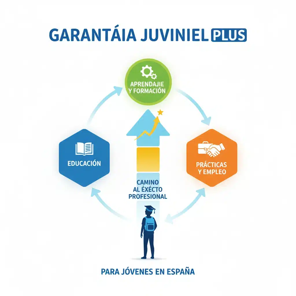 Infografía del programa Garantía Juvenil Plus y sus componentes.