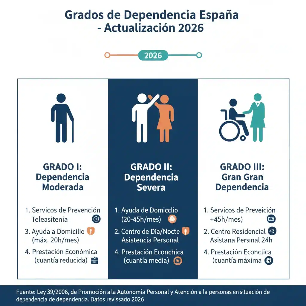 Infografía grados de dependencia y beneficios asociados en España 2026