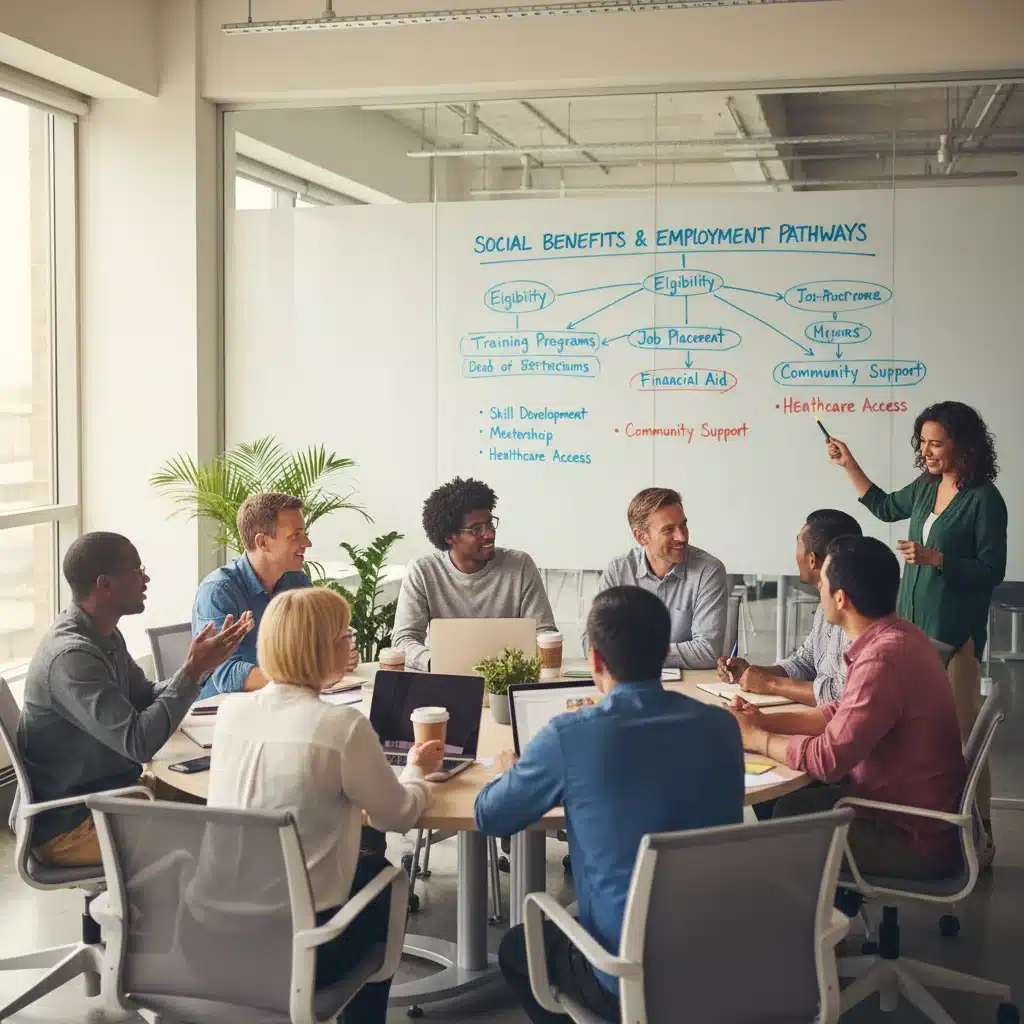 Grupo de personas discutiendo y colaborando sobre ayudas al desempleo y futuro laboral.