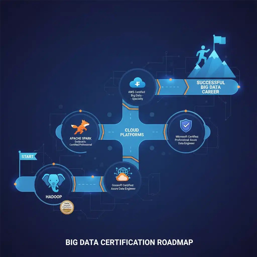Infografía de ruta de carrera con certificaciones de Big Data y tecnologías clave como Hadoop y Spark.