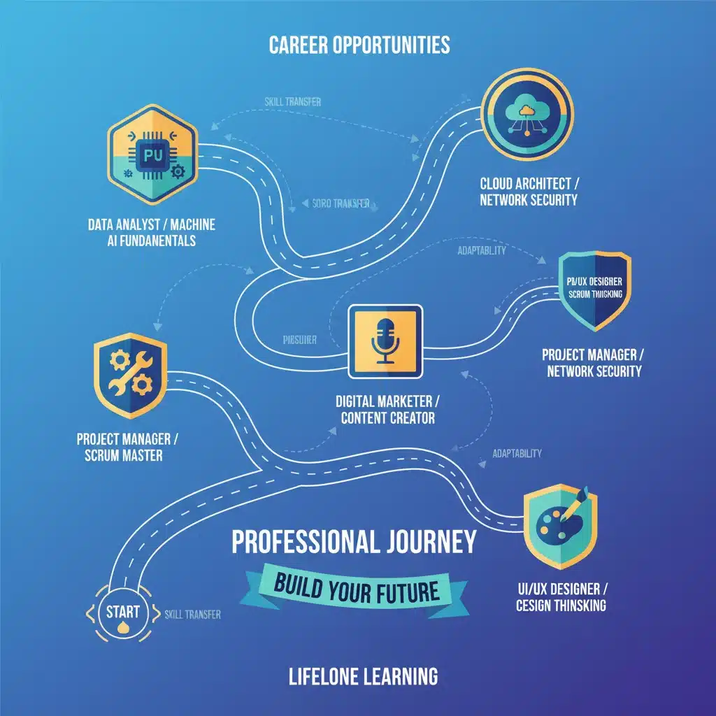 Infografía de un camino profesional con diversas ramificaciones, cada una marcada con un icono de microcredencial, representando la flexibilidad laboral.