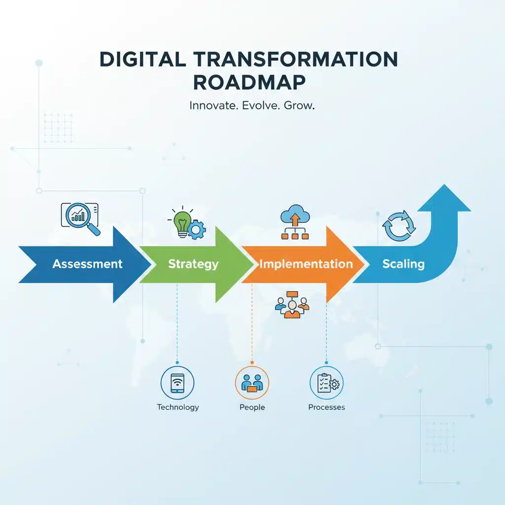 Infografía de hoja de ruta para la transformación digital empresarial.