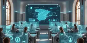 Estudiantes interactuando con hologramas y IA en un aula digital futurista en España, simbolizando la innovación educativa.