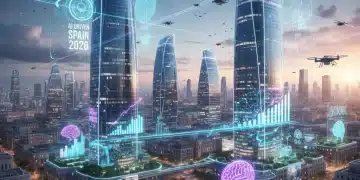 Paisaje urbano futurista de Madrid con elementos de IA generativa, simbolizando la transformación empresarial en España para 2026.