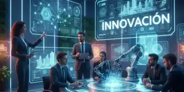 Profesionales españoles interactuando con Inteligencia Artificial en un entorno de oficina moderno y colaborativo, simbolizando el futuro del trabajo.