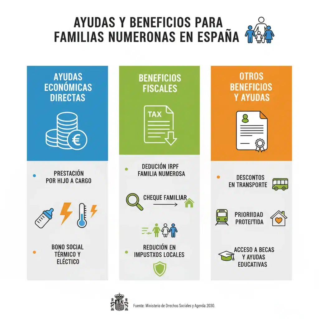 Infografía de ayudas económicas y beneficios fiscales para familias numerosas en España.