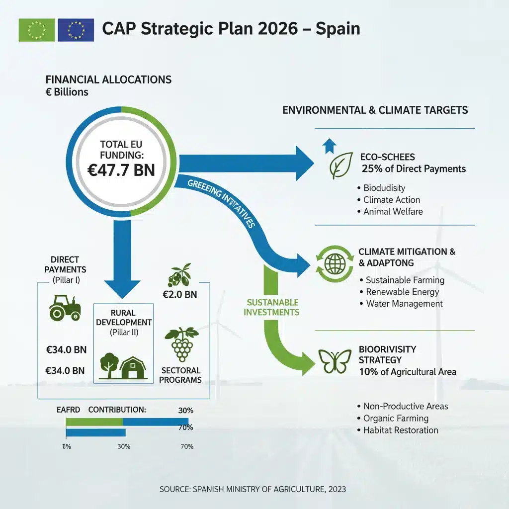 Gráfico explicativo de las ayudas y objetivos ambientales del Plan Estratégico de la PAC 2026.