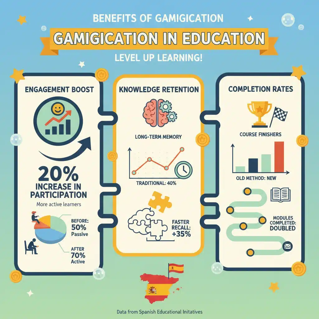 Infografía detallada mostrando estadísticas sobre el aumento de la participación y retención gracias a la gamificación educativa.