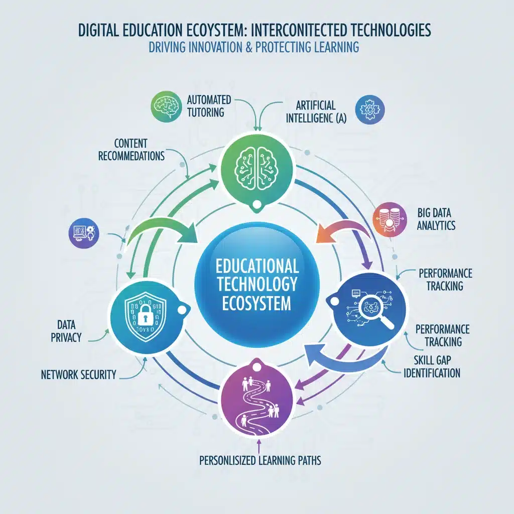 Infografía detallada sobre el ecosistema de la tecnología educativa, incluyendo IA y aprendizaje personalizado.