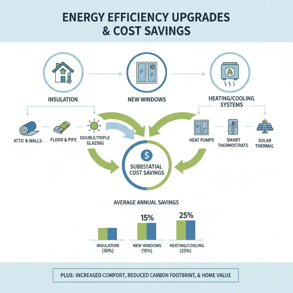 Infografía de mejoras en eficiencia energética: aislamiento, ventanas y sistemas de calefacción.