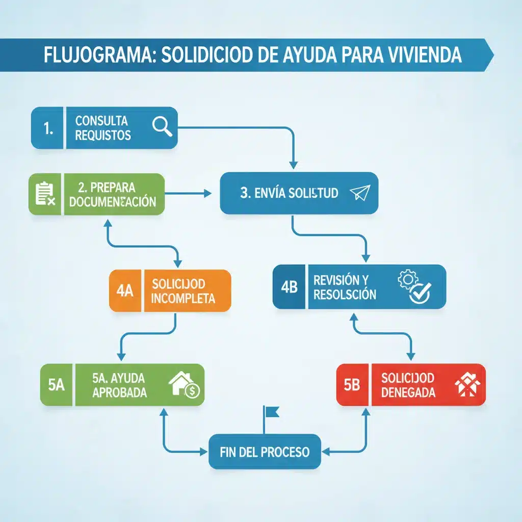 Infografía detallada del proceso de solicitud de ayudas al alquiler, mostrando los pasos clave desde la consulta hasta la resolución.