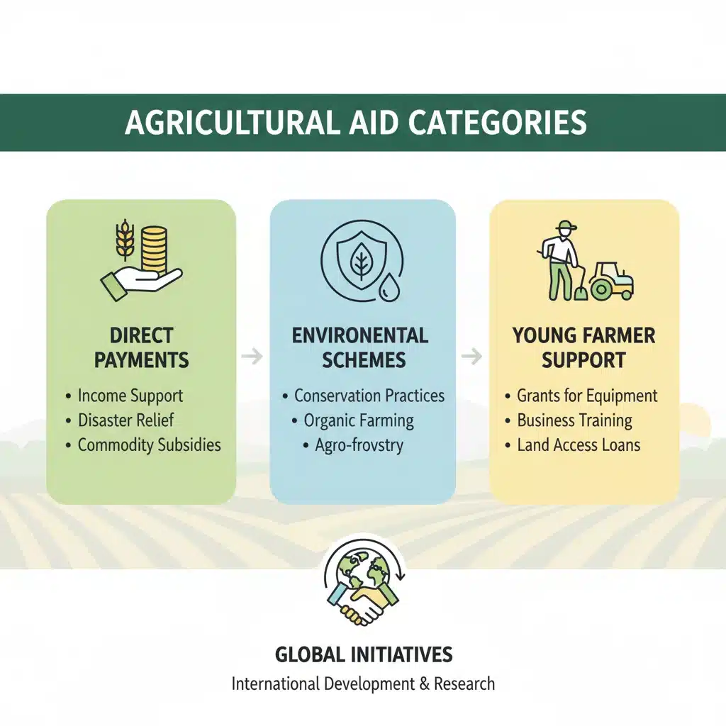 Infografía detallada con categorías de ayudas agrícolas: pagos directos, medio ambiente, jóvenes agricultores.