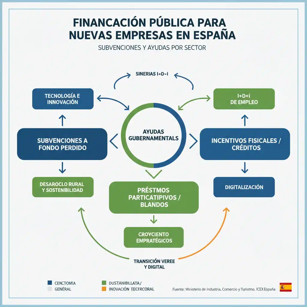 Infografía detallada sobre los tipos de subvenciones y ayudas gubernamentales para nuevos negocios en España.
