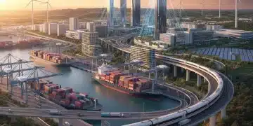 Vista aérea de la moderna infraestructura española, con trenes de alta velocidad, puerto inteligente y energía renovable.