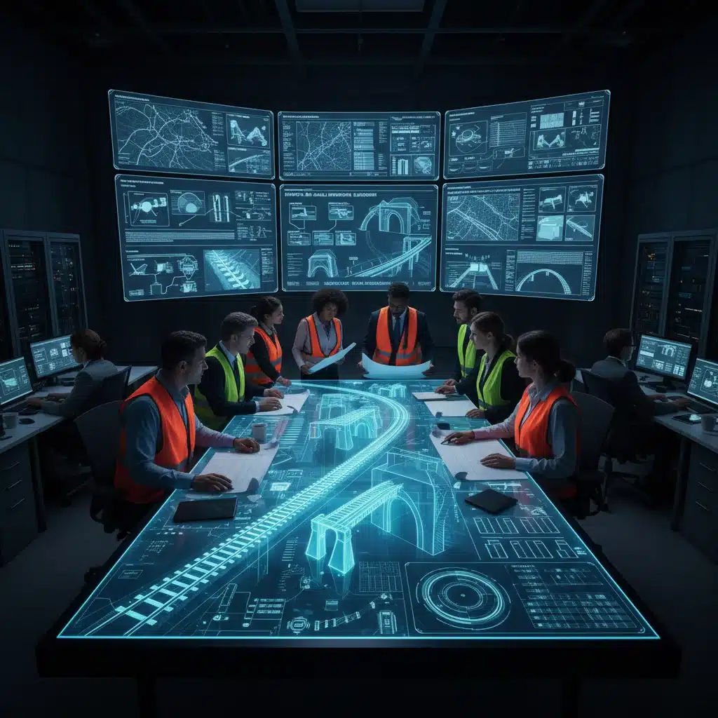 Ingenieros revisando planos de nueva infraestructura ferroviaria, simbolizando la planificación de proyectos de transporte.