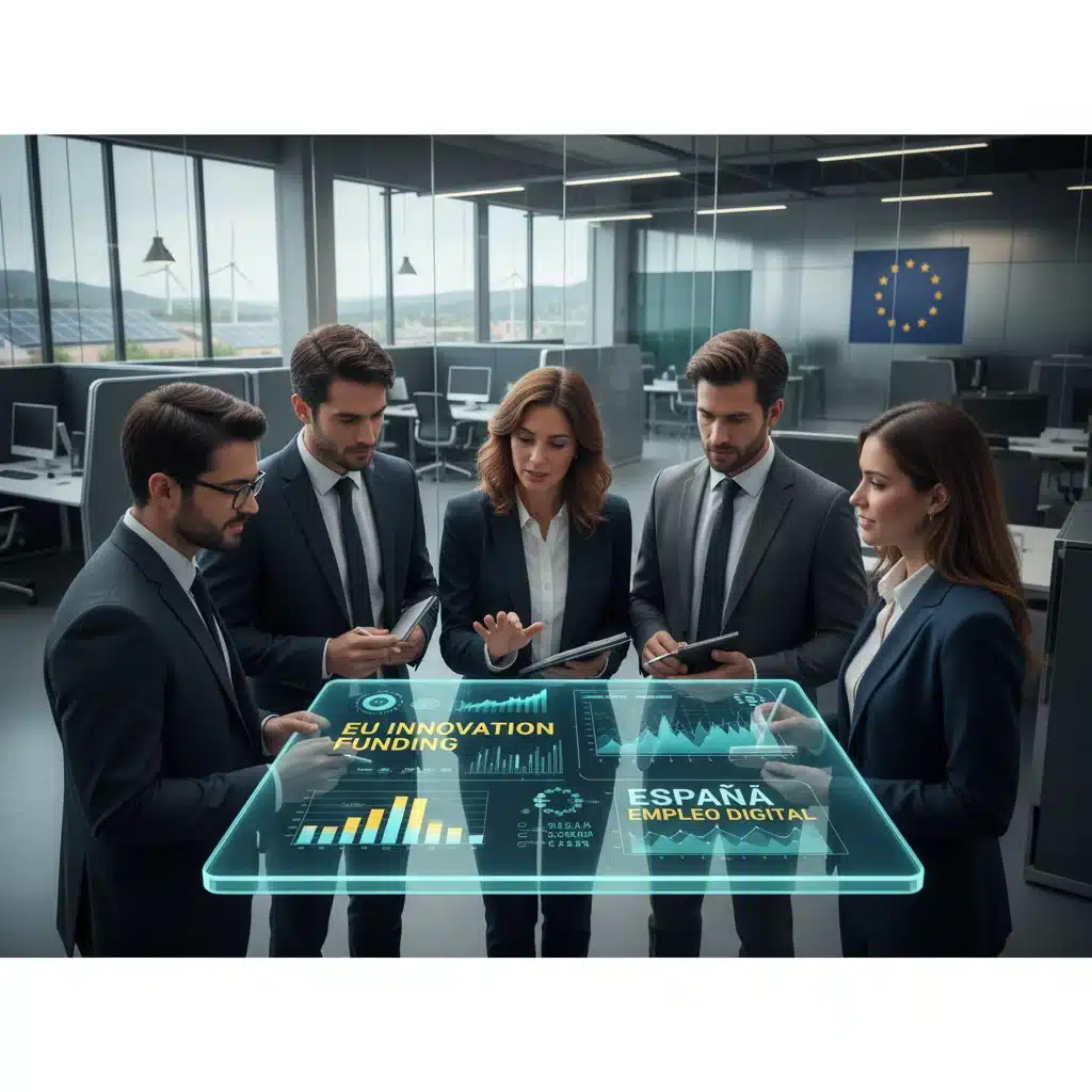 Profesionales colaborando en un proyecto digital, simbolizando la innovación y el empleo generado por los fondos europeos.