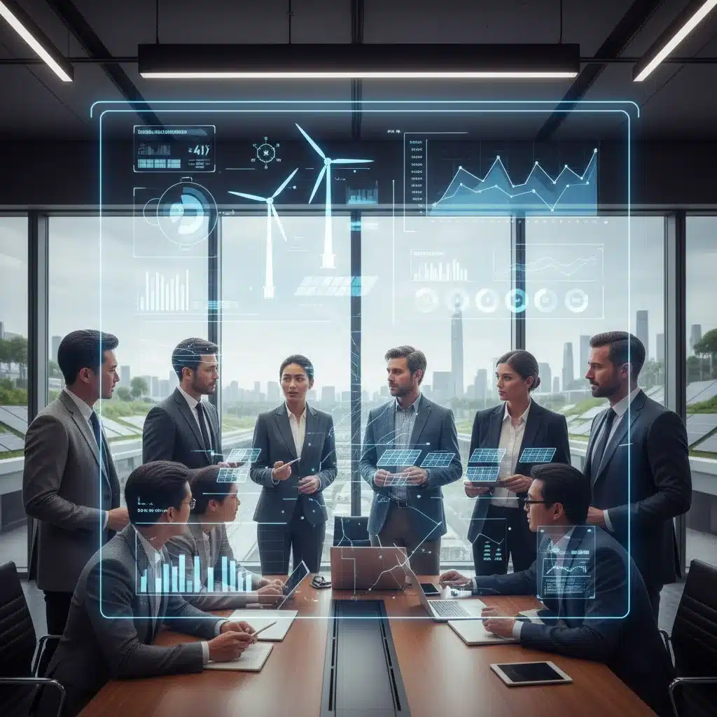 Profesionales colaborando en proyectos de energía renovable, discutiendo políticas e innovación.