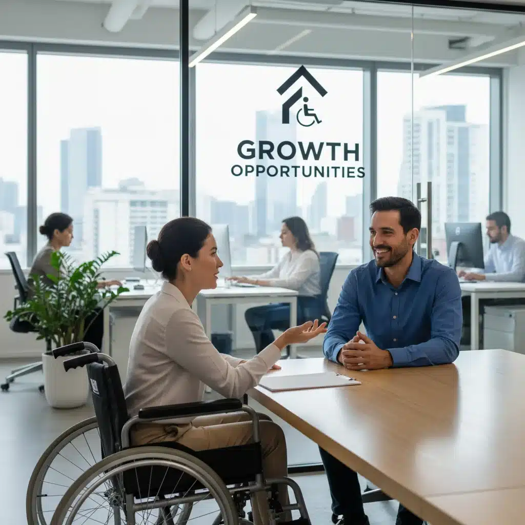 Persona en silla de ruedas participando activamente en una entrevista de trabajo en una oficina moderna e inclusiva, destacando la integración laboral.