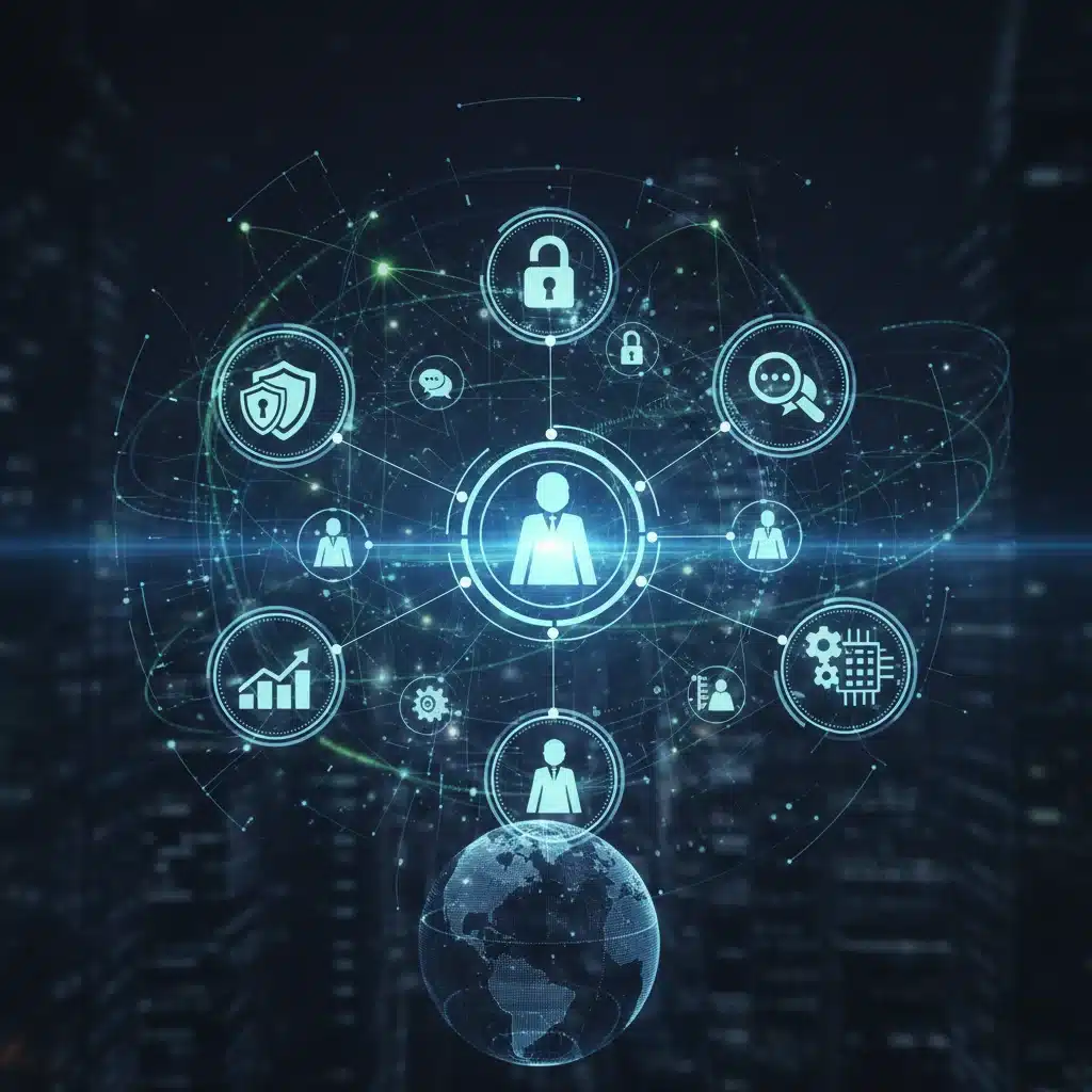 Representación visual de la interconexión de habilidades digitales clave para el éxito profesional