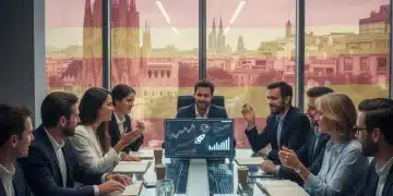 Grupo de inversores y emprendedores discutiendo estrategias de inversión en startups en España.