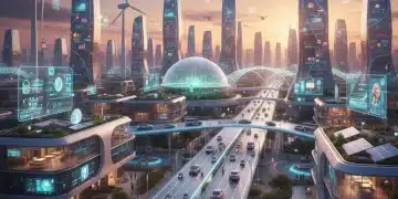 Paisaje urbano futurista español con hogares y ciudades inteligentes conectados por IoT en 2026.