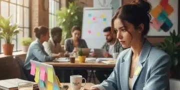 Joven emprendedor sonriendo trabajando en un espacio de coworking moderno con su portátil.